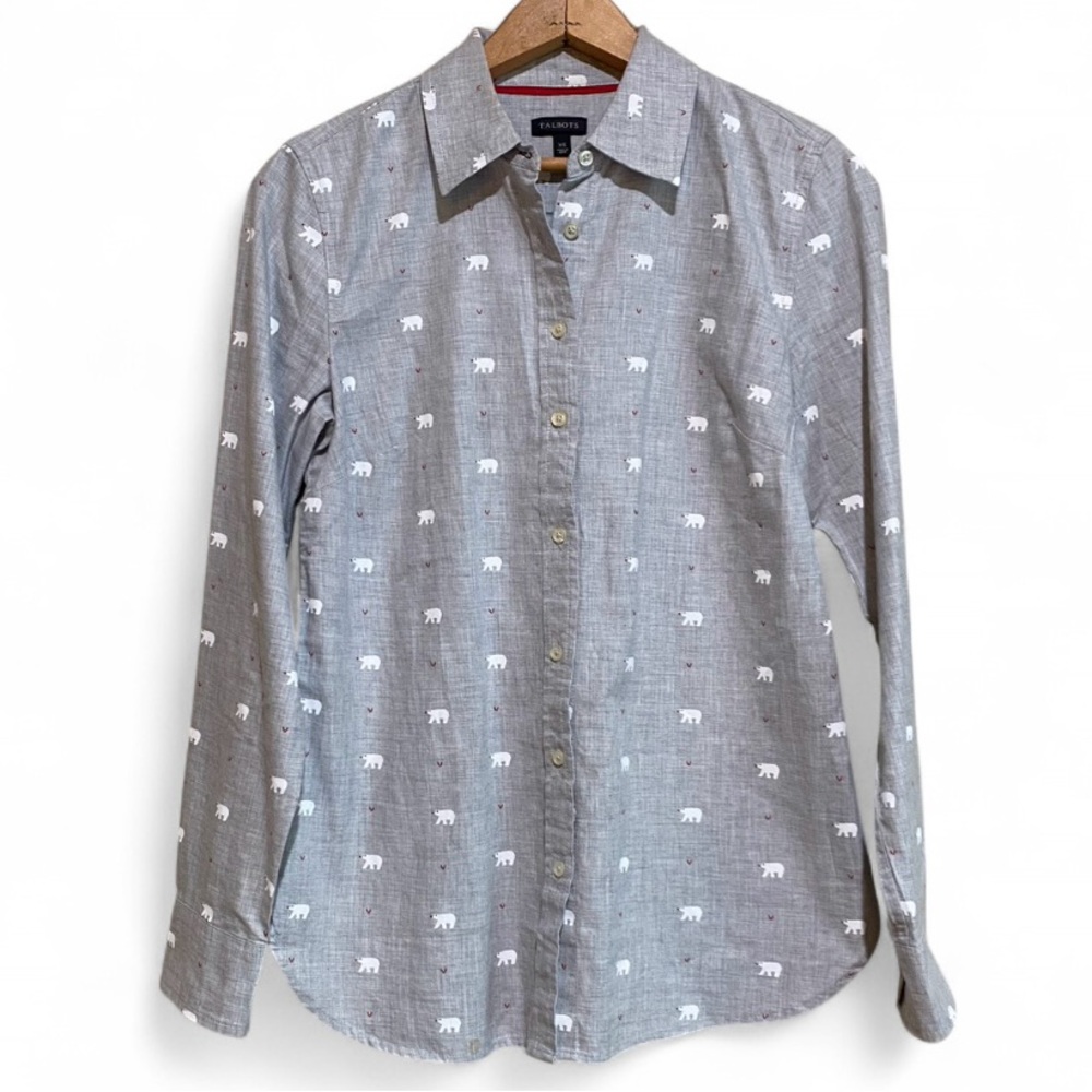 Talbots Women's Gray Polar Bear Collar Button Up Long Sleeve Size XS